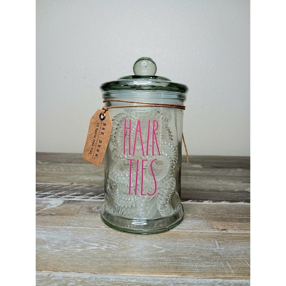 Rae Dunn HAIR TIES Glass Jar With 25 Spiral Hair Ties NWT